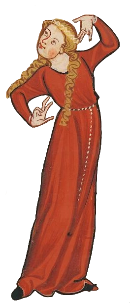 Some rather derpy-looking medieval artwork (Codex Manesse, c.1304) of a blonde-haired woman dancing in a red-orange dress.
