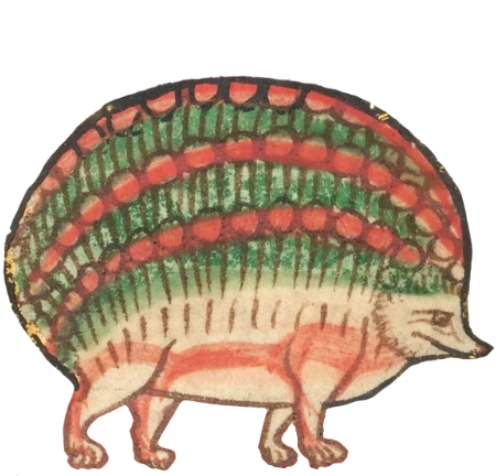 Bizarre-looking artwork of a hedgehog from a medieval manuscript (Worksop Bestiary, England, c. 1185). It is facing to the right, and its quills almost resemble green and red matchsticks.